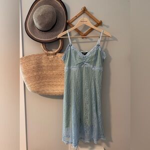 Thorn & Fable Light Blue Lace Slip Dress w/ Sage Lining & Blue Rose Details